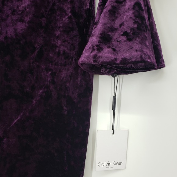 Calvin Klein Crushed Velvet Dress 4 Bell Sleeve Sheath Knee Length Purple NWT - Picture 4 of 10